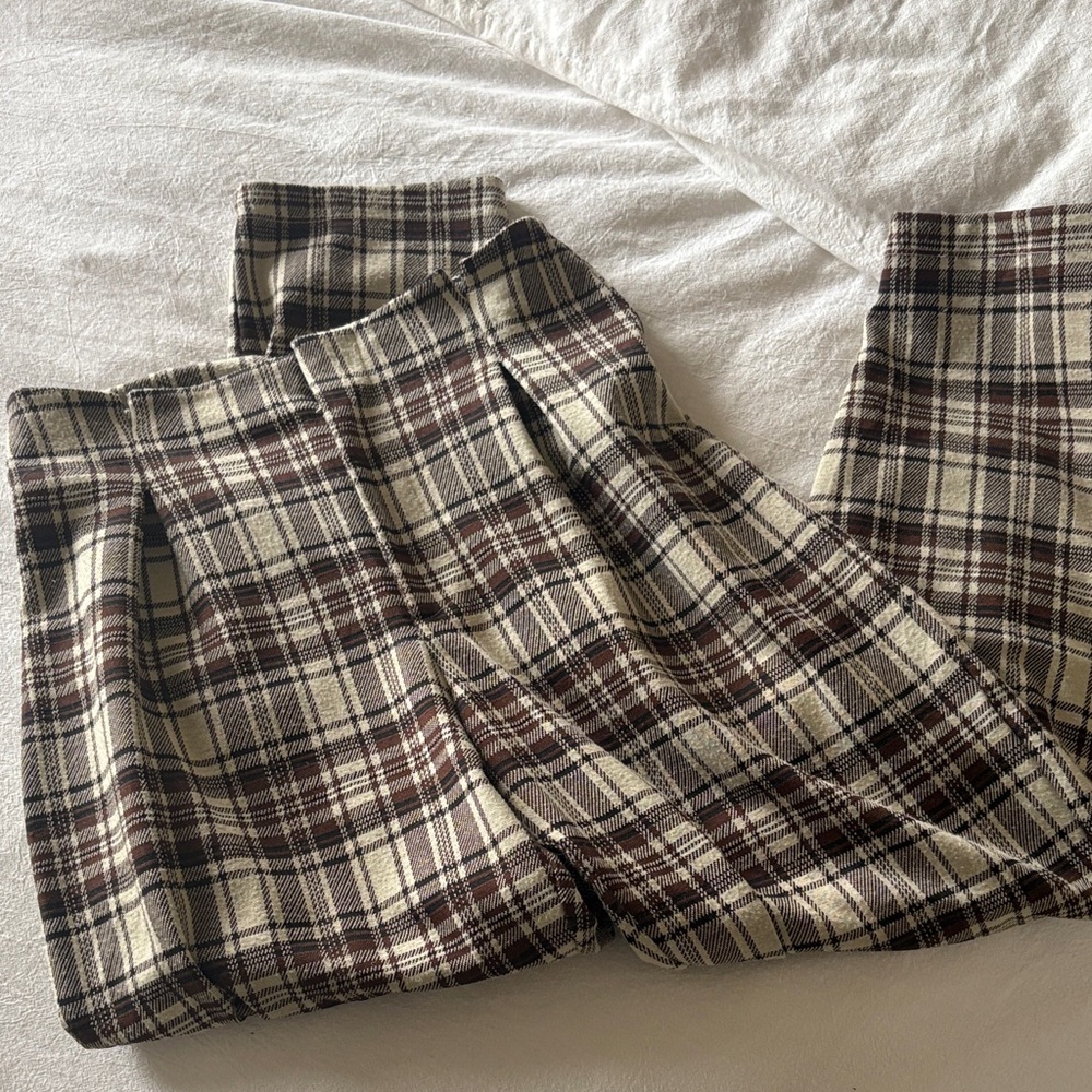 Free People Plaid cropped Trousers in Brown and Cream Stretch Small